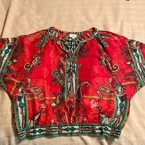 Eci paisley cold shoulder silky blouse